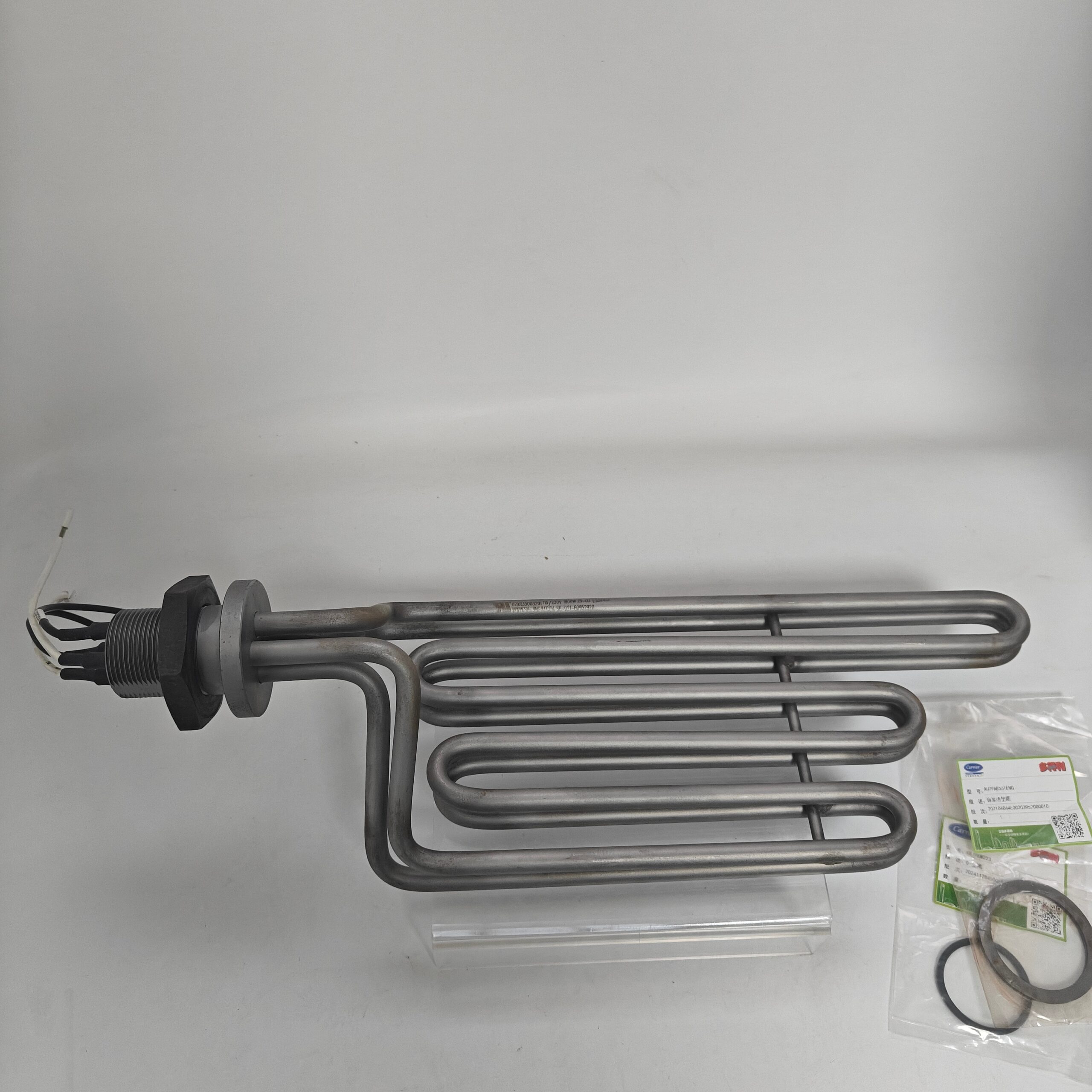 Carrier 02XR05001501 electric heating element for 19XR centrifugal chiller crankcase oil heater; stainless steel construction.