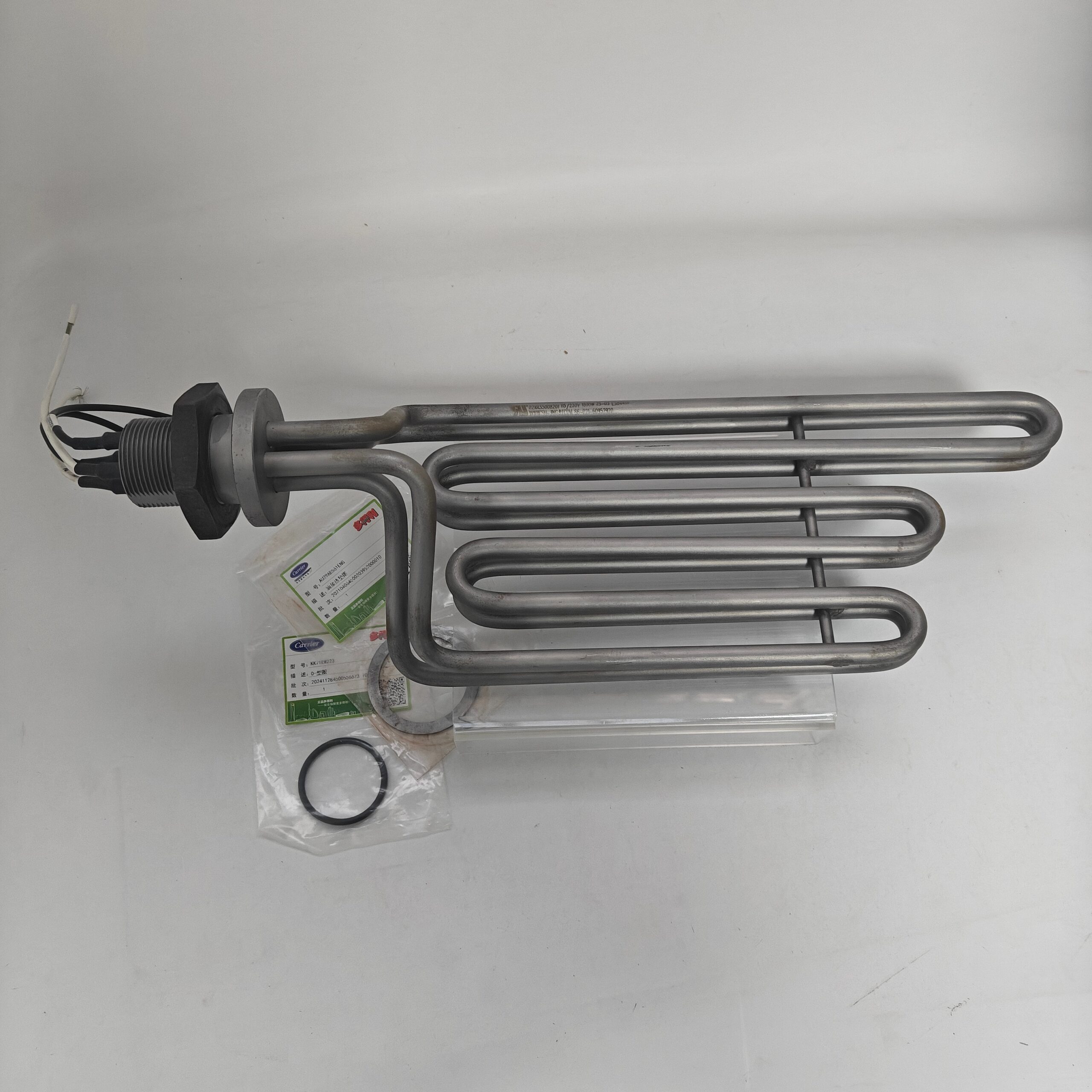 Carrier 02XR05001501 electric heating element for 19XR centrifugal chiller crankcase oil heater; stainless steel construction.